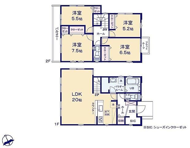 【4LDK】広々20帖のLDK！対面キッチンからはLDK全体を見渡せます♪玄関横のシューズクロークには、お部屋には持って入りたくないアウトドア用品の収納も可能です。