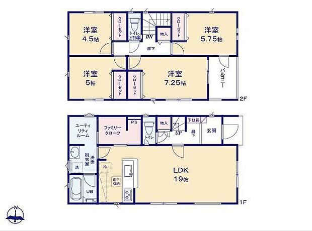 【4LDK】◇LDK19帖!!◇洗面所広々♪◇2階4部屋設計♪◇収納力が嬉しいファミリークローク♪