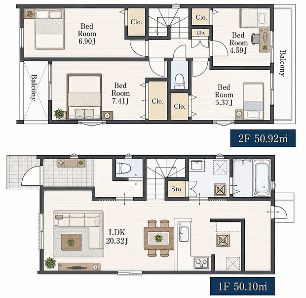 1号棟 4LDK 6980万円 土地面積148.42m2(44.90坪)建物面積101.02m2(30.56坪)