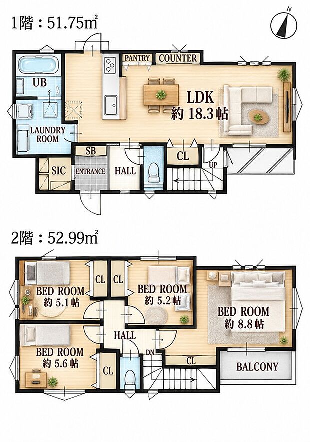 B号棟 4LDK 6390万円 土地面積152.42m2(46.11坪) 建物面積104.74m2(31.68坪)