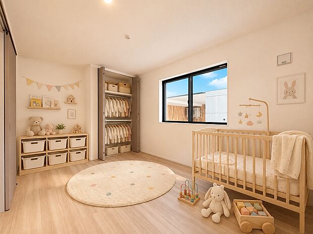 【居室】収納を備えた6.7帖洋室。子ども部屋にも使いやすい空間です。（本画像はCGで作成しており、実際に現地に家具・家電はおかれておりません。また価格に家具・家電は含まれておりません）

