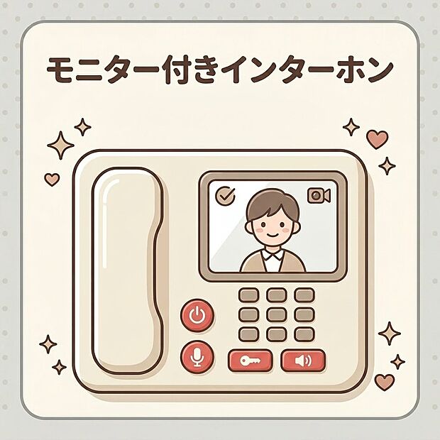 【TVモニター付きインターホン】来客時の顔と姿を室内からしっかり確認できるモニター付きインターホン。不審な訪問者への対応や、お子様のお留守番時にも防犯面で安心です。ワンタッチで通話や終了ができるシンプルな操作性です。