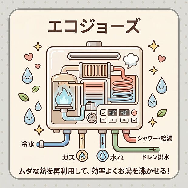 【エコジョーズ 】ムダな熱を賢く再利用!少ないガスで効率よくお湯を沸かせる、お財布に優しい給湯器です。