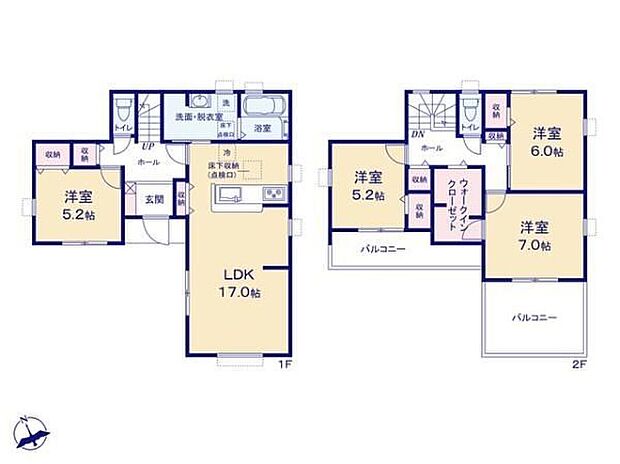 【4LDK】◇家事効率の良い水回り集中プラン♪◇広々17帖のLDK！対面キッチンからはLDK全体を見渡せます♪◇奥行きのあるバルコニーは家族分たっぷり干せます♪◇WICや各居室収納でお部屋スッキリ！