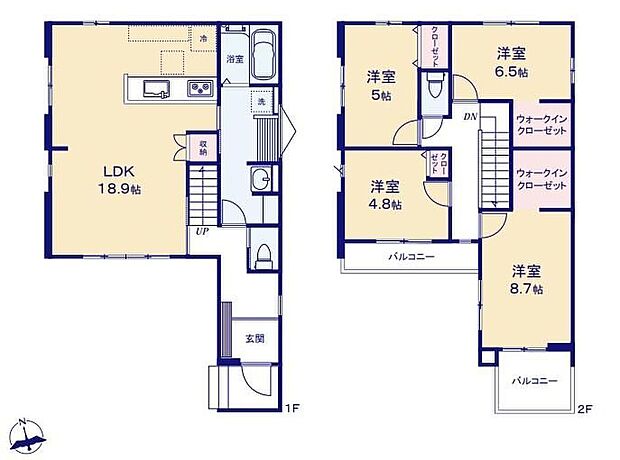 【4LDK】対面式キッチン仕様の約１８．９帖リビング♪WICがあり、各所・各居室にも収納スペース充実♪主寝室は間仕切対応可の約１２．７帖♪日当たり良好な南側の２面バルコニー♪