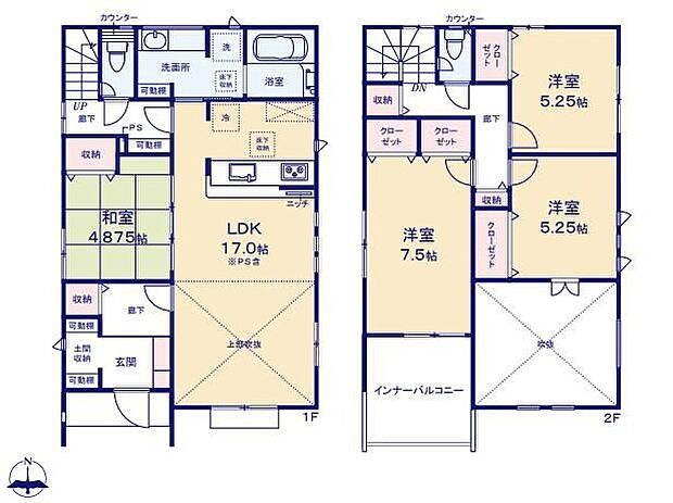 【4LDK】吹抜仕様の南向き約１７帖リビング♪
来客間としても使用できるリビングに隣接した洋風和室♪
各所・各居室に収納スペース充実♪
日当たり良好な南側インナーバルコニー♪