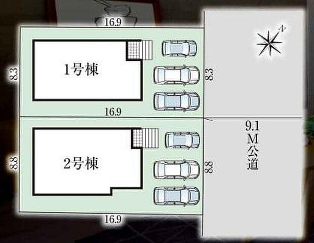 【全体区画図】１号棟　４６９９．５万円
２号棟　４７９９．５万円