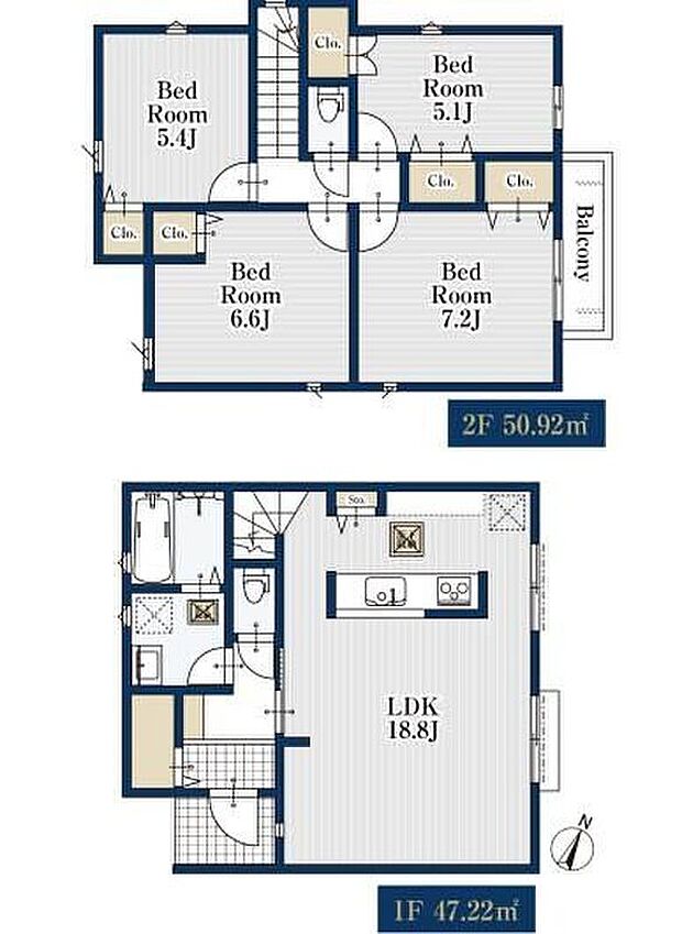 【4LDK】対面式キッチン仕様の約１８．８帖リビング♪居室４部屋あり、使用用途多数♪各所・各居室に収納スペース完備♪南東側の日当たり良好なバルコニー♪