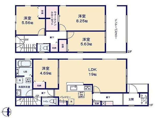 【4LDK】対面式キッチン仕様で南向き約１９帖リビング♪LDKと洋室を一体できる人気の間取り♪主寝室約８．２５帖の広々プライベート空間♪WICやSICがあり、各居室にも収納充実♪陽当り良好な南側ワイドバルコニー♪