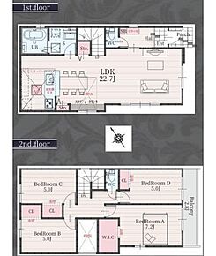 対面式キッチン仕様の約２２．７帖リビング♪
２階４部屋あり、お子様一人一人にお部屋が与えられます♪
WICがあり、各所・各居室に収納スペース充実♪
日当たり良好な南東側バルコニー♪ 