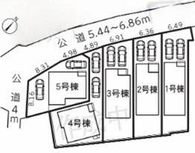【全体区画図】1号棟 3,890万円
2号棟 3,990万円
3号棟 4,090万円
4号棟 3,890万円
5号棟 4,090万円