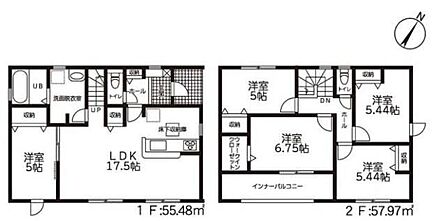 対面式キッチン仕様の約１７．５帖リビング♪２階４部屋あり、お子様ひとりひとりにお部屋を与えられます♪大きな荷物も収納可能なウォークインクローゼット付き♪日当たり良好な南側バルコニー♪ 