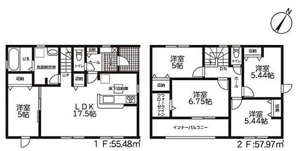 【5LDK】対面式キッチン仕様の約１７．５帖リビング♪２階４部屋あり、お子様ひとりひとりにお部屋を与えられます♪大きな荷物も収納可能なウォークインクローゼット付き♪日当たり良好な南側バルコニー♪
