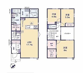 WICやファミリークローク完備でお部屋スッキリ！
洗面室＋脱衣室のゆとりある水回り空間♪リネン庫付♪
収納やテレワークルームにも使える納戸♪
お洗濯物がたっぷりと干せるワイドバルコニー！ 