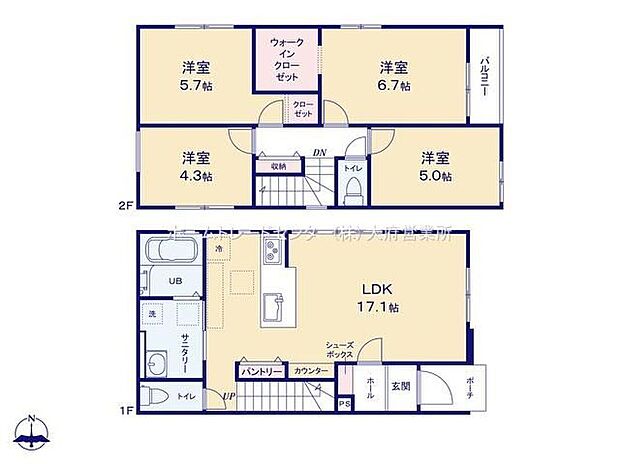【4LDK】対面式キッチン仕様の約１７．１帖リビング♪
２階４部屋あり、お子様ひとりひとりにお部屋を与えられます♪
パントリーやＷＩＣ等、各所・各居室に収納スペース充実♪
日当たり良好な南側バルコニー♪