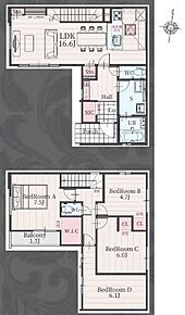 対面式キッチン仕様の約１６．６帖リビング♪居室４部屋あり使用用途多数♪外で使うものをそのまま収納できるシューズクローク♪日当たり良好な南側バルコニー♪ 