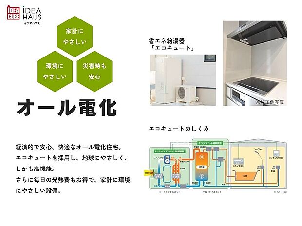 【オール電化住宅】経済的で安心、快適なオール電化住宅。
空気を有効に利用してお湯をつくる「エコキュート」を採用し、割安な夜間の電力を使用できるので、ランニングコストが大幅にダウンします。
さらに、火を使わないことから出火リスクが最小限に抑えられ、火事やガス漏れなどのリスクを減らすことができます。