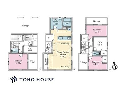 3階建てのゆとりある間取り図で、家族の理想の暮らしをデザイン。広々LDKは家族の会話が弾む中心となり、各階の居室はお子様の成長に合わせてフレキシブルに活用できます。 