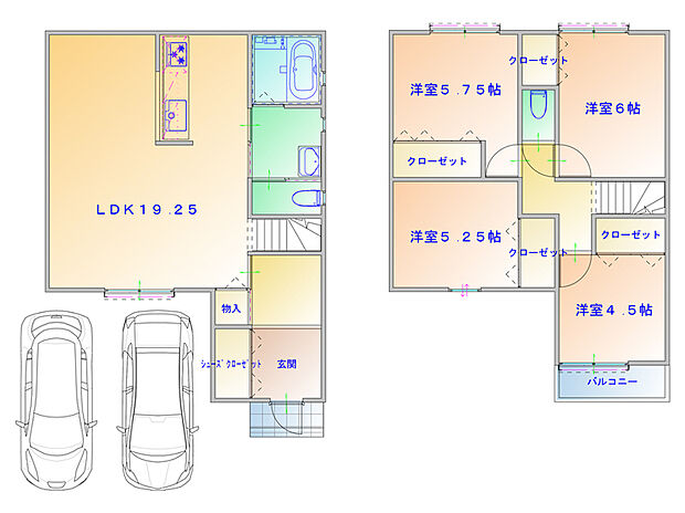 【プラン図】2階建「4LDK」の住まいです。LDKは19帖超!コミュニケーションが取りやすい、リビング階段×対面式キッチンを採用したプランです。(建物価格1770万円、建物面積100m2)