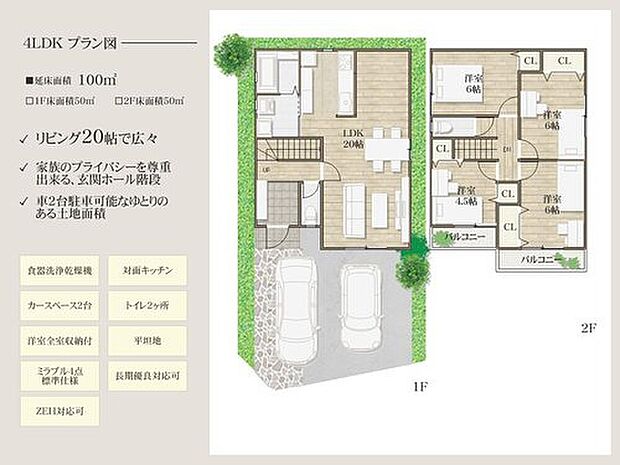 【プラン図】水廻りを集約した家事動線良好な間取り。2階洋室4部屋は振り分けタイプのため、個人の自由時間も有意義に過ごせそうです。(建物価格1770万円、建物面積100m2)