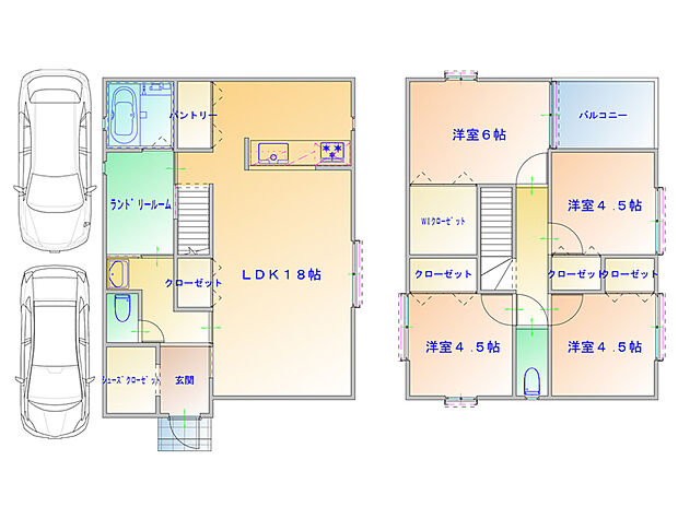 【2階建プラン図】ゆったりとした広さのLDK、2階にはバルコニーを設けた間取り。各居室に収納を備え、すっきりとした住空間でお過ごしいただけます。(建物価格1770万円、建物面積100m2)