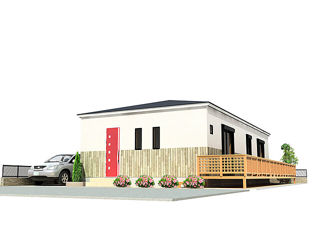 【平屋建てイメージパース】赤い玄関ドアが印象的な「3LDK」の住まい。作業動線が短く、幅広い世代が快適にお過ごしいただける平屋建てです。(建物価格1770万円、建物面積81m2、ウッドデッキ除く)