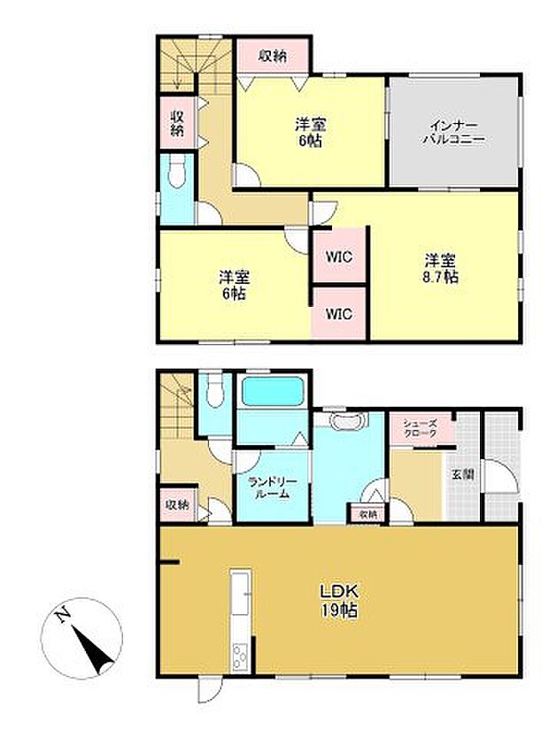【3LDK】平坦地/角地/前道6m以上/オートバス/浴室乾燥機/浴室1坪以上/浴室に窓/駐車2台可/2階建/ウォークインクロゼット/床下収納/全居室収納/全居室フローリング/設計住宅性能評価付/建設住宅性能評価書（新築時）/長期優良住宅/LDK18畳以上/全居室6畳以上/LDK20畳以上/TVモニタ付インターホン/トイレ2ヶ所/温水洗浄便座/システムキッチン/対面式キッチン/省エネルギー対策/オール電化/太陽光発電システム/複層ガラス/フラット３５・S適合証明書
