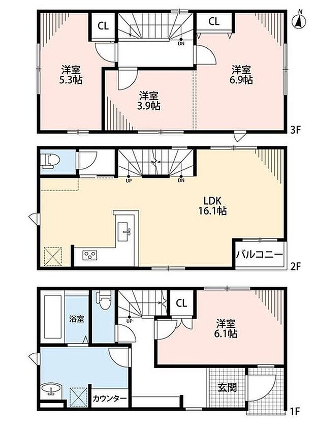 (1号棟)3LDK、土地面積69.42m2、建物面積97.16m2