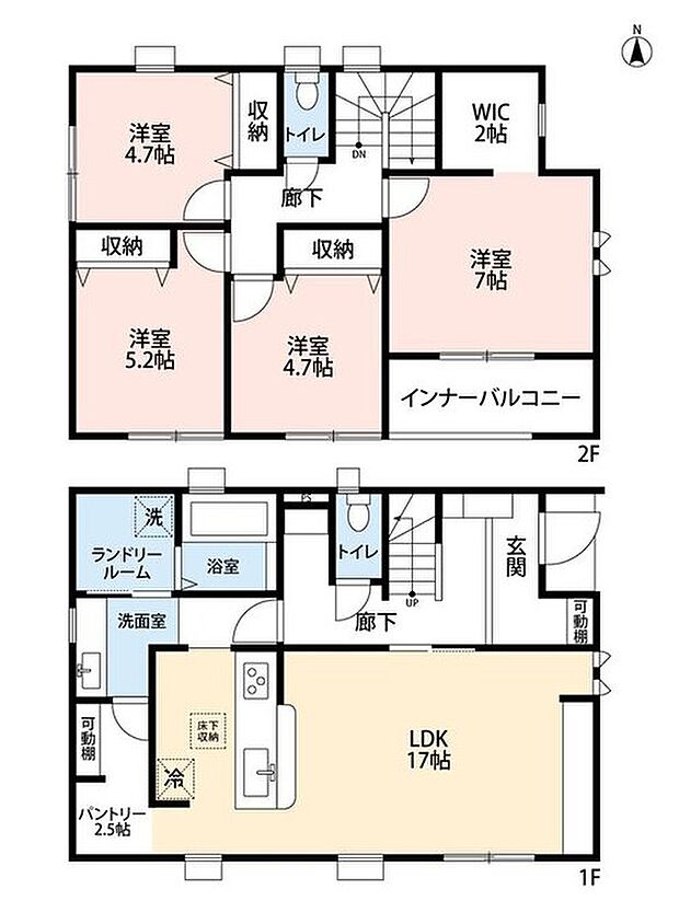 【4LDK】LDKは17帖 パントリー・ストレージ・WIC付き主寝室で暮らしやすさを実現。南向きインナーバルコニー付きで、毎日のお洗濯も快適。