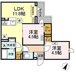 セレスティア扇III 1階2LDKの間取り