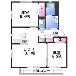JR和歌山線 下井阪駅 徒歩16分の賃貸アパート 1階2LDKの間取り