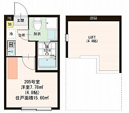 シャンペル三園 2階1Kの間取り