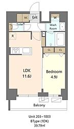 新宿区早稲田鶴巻町マンション 1LDKの間取図画像