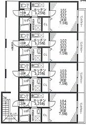 ヘキサグラム南大沢 3階1Kの間取り