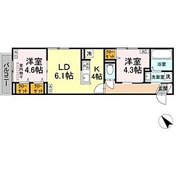 セレスティア白鳥 2階2LDKの間取り