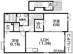 グランソレイユ楠葉 2階2LDKの間取り