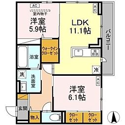 ヴィラージュ 2階2LDKの間取り