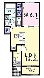プレリュード 1階1LDKの間取り