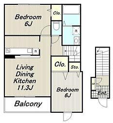 アンソレイユ 2階2LDKの間取り