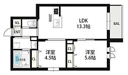 阪急神戸本線 西宮北口駅 徒歩16分の賃貸マンション 2階2LDKの間取り