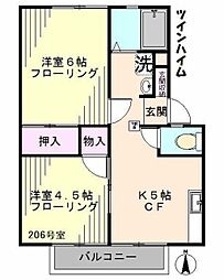 ツインハイムII 2階2Kの間取り