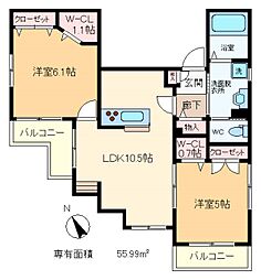 ヴァンベールKD 4階2LDKの間取り