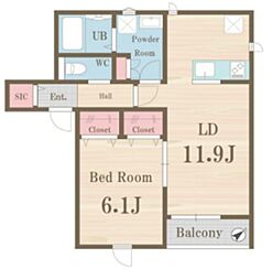 ル・リアン 2階1LDKの間取り