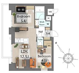 エスレジデンス王子イネーブル 4階2LDKの間取り