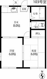 アワーズハウスA 1階2DKの間取り