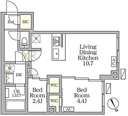 アジールコート後楽園 1階2LDKの間取り