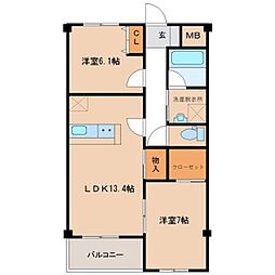 ヴィラ　サニーウェル 2階2LDKの間取り