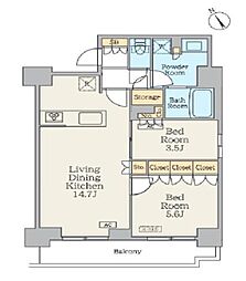 クレストコート門前仲町 12階2LDKの間取り
