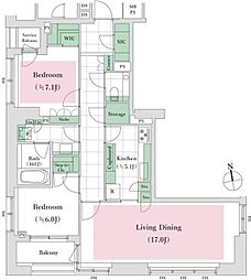アトラス麻布台 8階2LDKの間取り