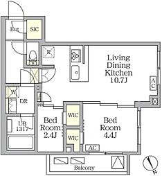 アジールコート後楽園 2階2LDKの間取り
